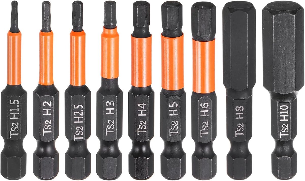 9 stuks H1,5/2/2,5/3/4/5/6/8/10 zeskantige boorbit-sleutelset metrische platte punt, 1/4 inch zeskantschacht 50 mm (2 inch) lang, magnetische zeskantbit, industriële bits