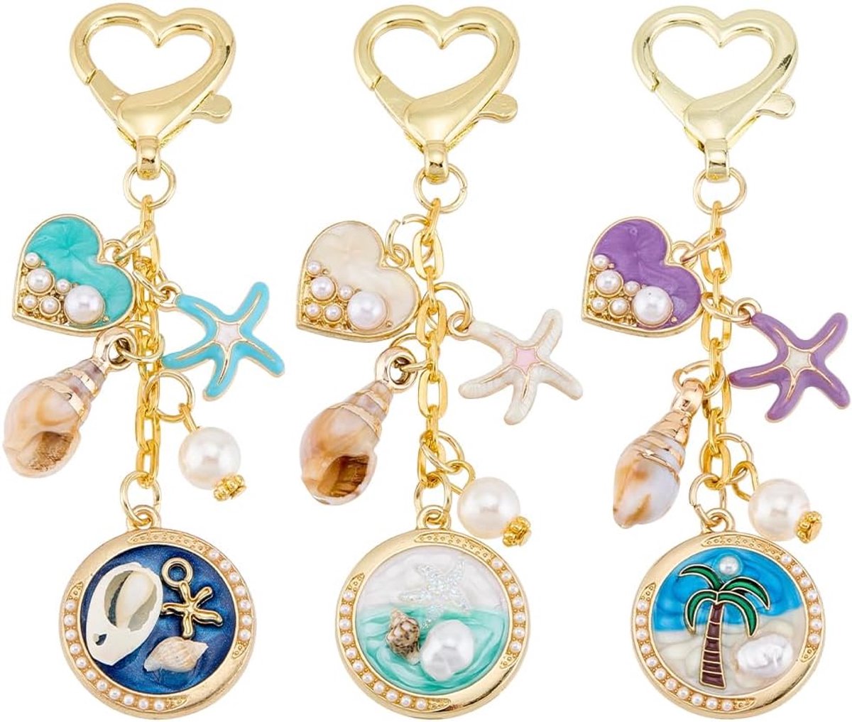 1 Doos 3 Stijlen 3 Stks Zeezak Charms Zeester Sleutelhanger met Hart Kreeft Sluiting Legering Emaille Zeeschelp Hanger Zomer Vakantie Oceaan Sleutelhanger Charms voor Portemonnee Handtassen