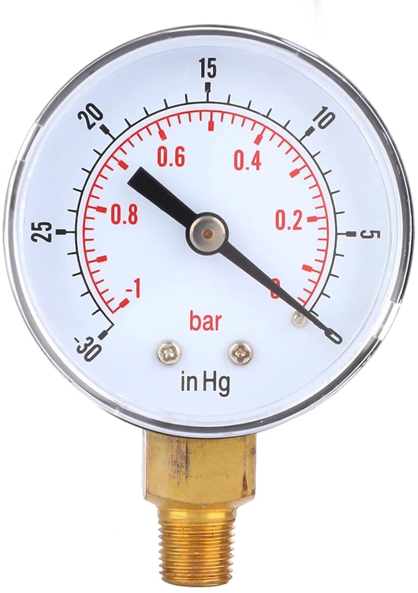 Vacuüm Meter voor Lucht Water en Olie Meetbereik -1 tot 0 Bar 50mm Diameter 1/8 BSPT Aansluiting