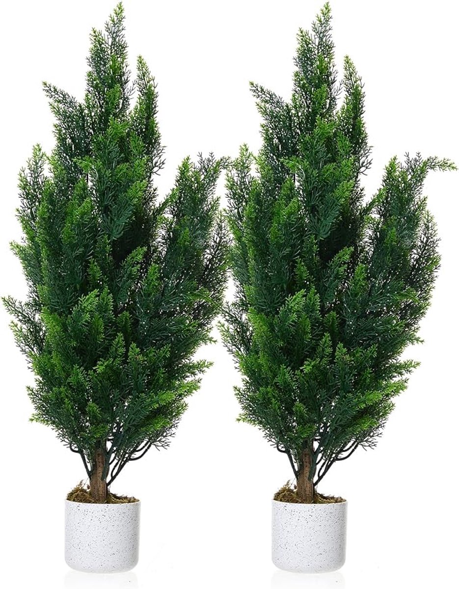Kunst cypres topiary set van 2 stuks 90cm - PE weerbestendig groen inclusief verzwaarde pot - kant en klaar voor terras entree balkon woonkamer kantoor decoratie