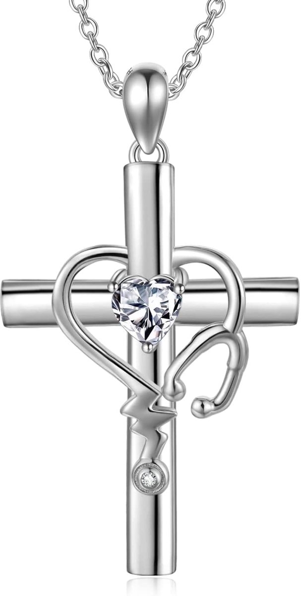 925 Sterling Zilver Stethoscoop Hart Geboortesteen Ketting Voor Vrouwen Meisjes Hart Oostenrijkse Kristal Hanger Ketting Medische Student Afstuderen Sieraden Geschenken voor Verpleegkundigen