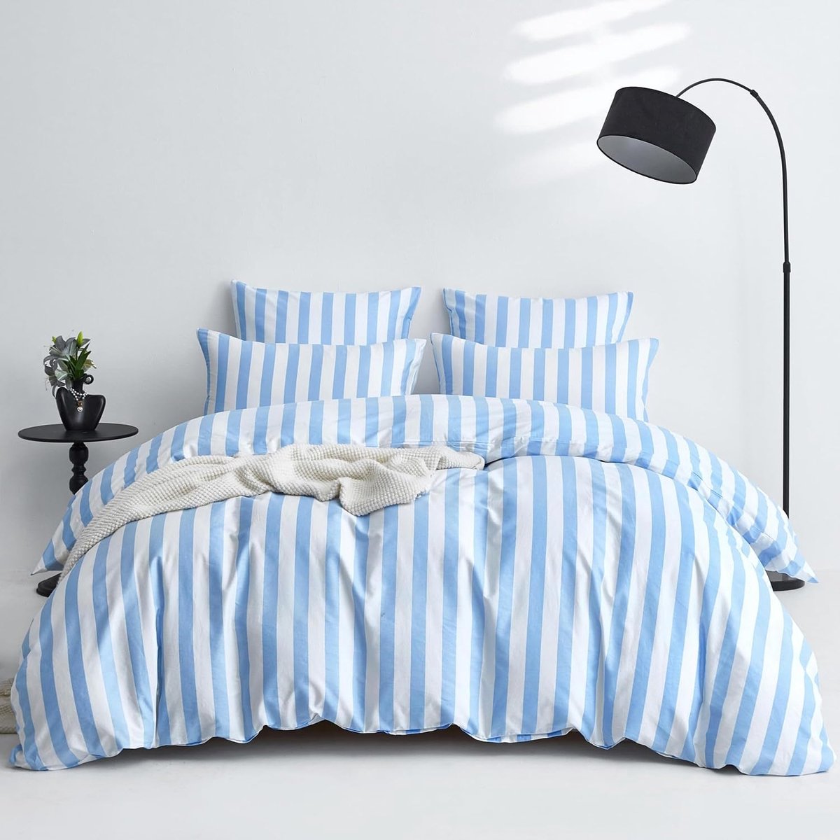 Blauw en wit gestreept katoenen beddengoed, 3-delig, 200 x 220 cm, van zacht en ademend katoen, met ritssluiting en 2 kussenslopen 80 x 80 cm