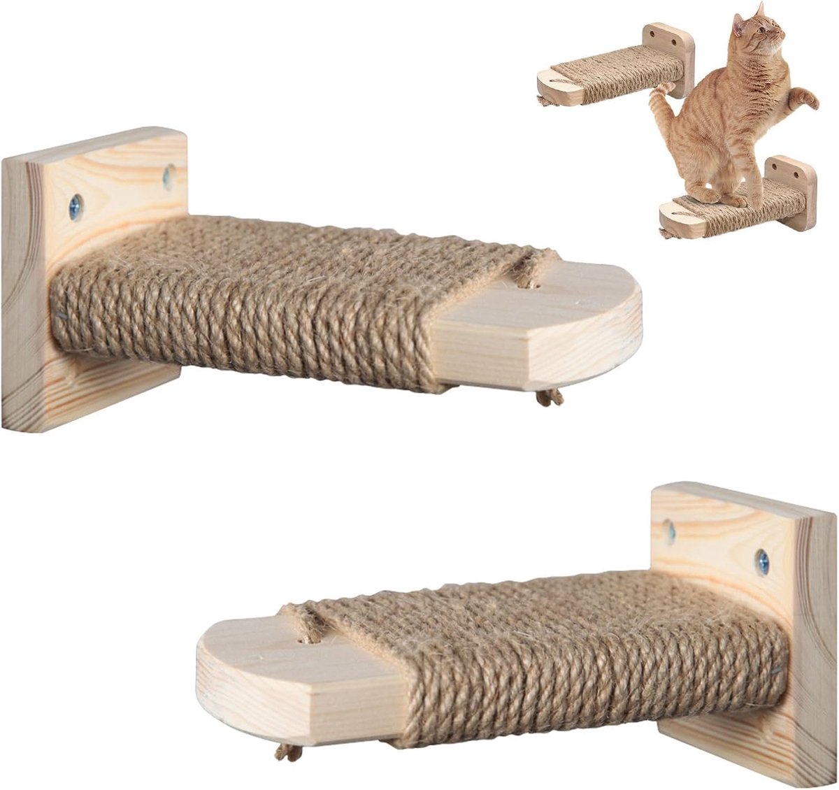 Muur 2-pack, kattenladder van massief hout met jute touw, klimwand katten, krabfunctie, ruimtebesparend, montage, wandmontage, kattenmeubilair klimmen en spelen, max. draagvermogen 15kg