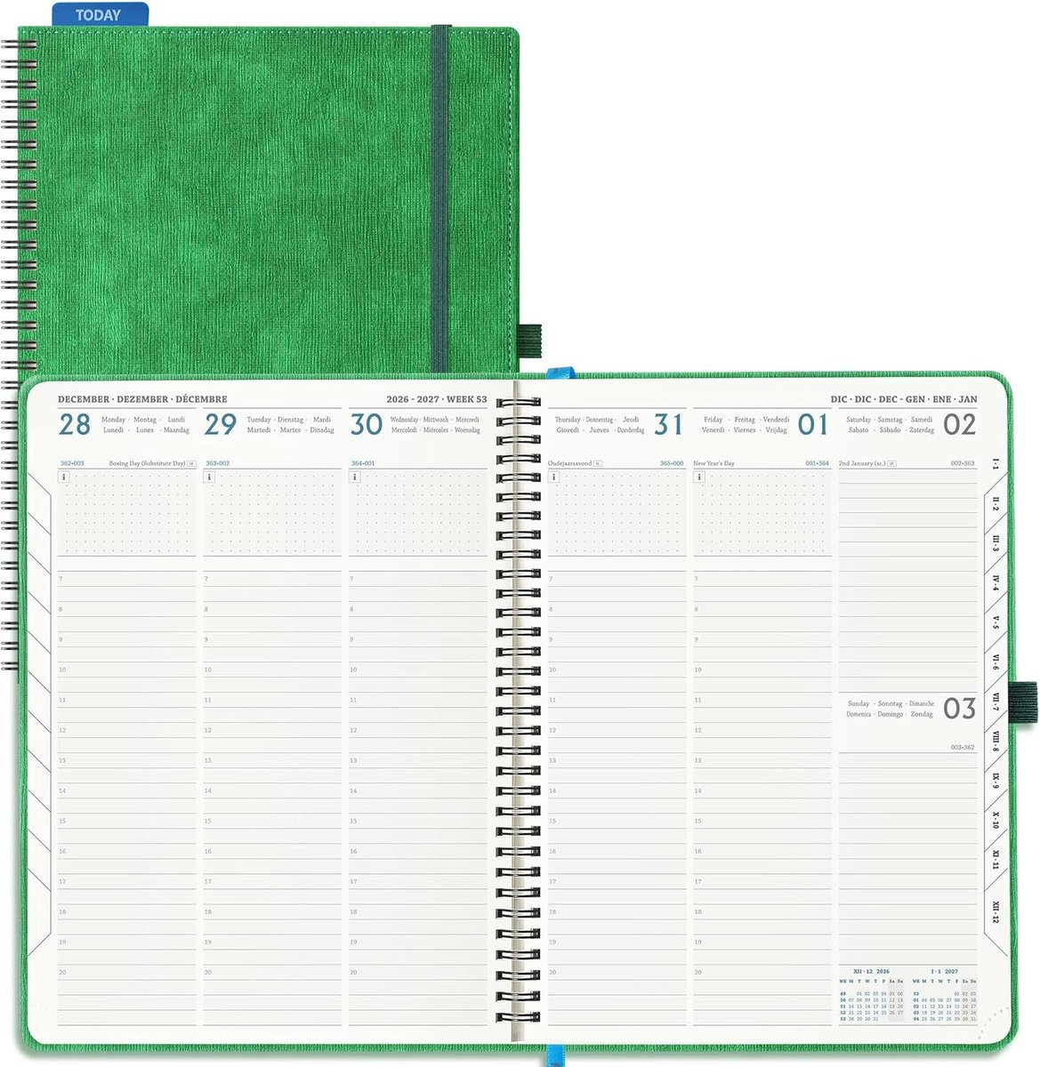 2026 2027: Weekagenda A4 Boekagenda(29 x 21,5cm) Schoolagenda 18 Maanden Verticale Weekplanner van Jul.2026 tot Dec.2027, 80 Grams Papier, Zachte PU-Leren Spiraal, Groen