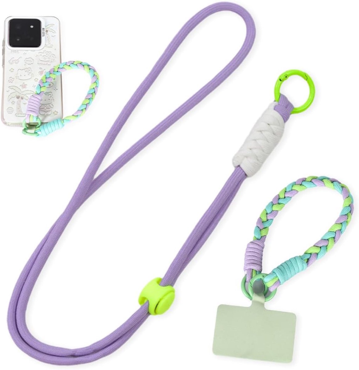 2 stuks telefoonkoord, verstelbare telefoonband, universele omhangkoord en polsband, telefoonriem met inzetstukken (H) (K), C, Eén maat