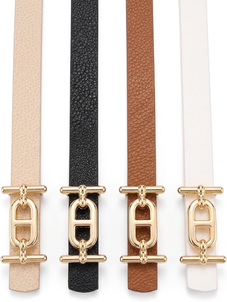 Riem voor dames, set van 4, smalle tailleriem, kunstleer, gouden gesp, zwart, bruin, beige, wit, 105 cm, kledingriem, broekriem, damesriem