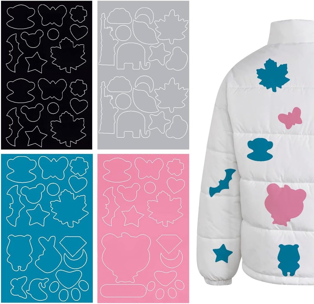 Reparatiepleisters voor donsjaals, nylon reparatieband, zelfklevend, zacht, waterdicht, scheurvast, van nylon, voor het bevestigen van gaten in de kleding, 4 grote bladen, verschillende kleuren, 64 stuks