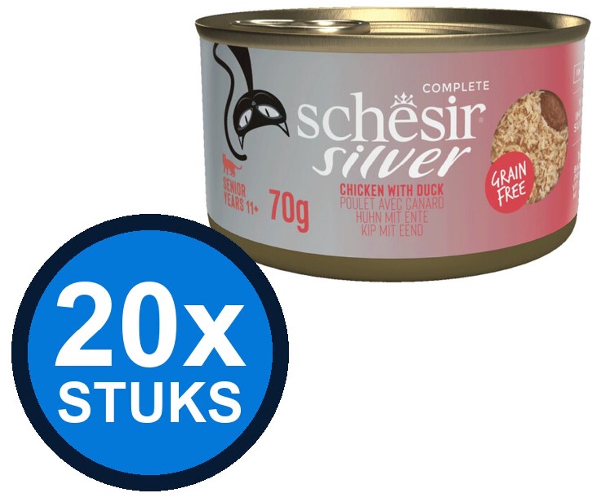 24x Schesir Silver kat senior blik bouillon kip&eend mousse&fillets 70gr