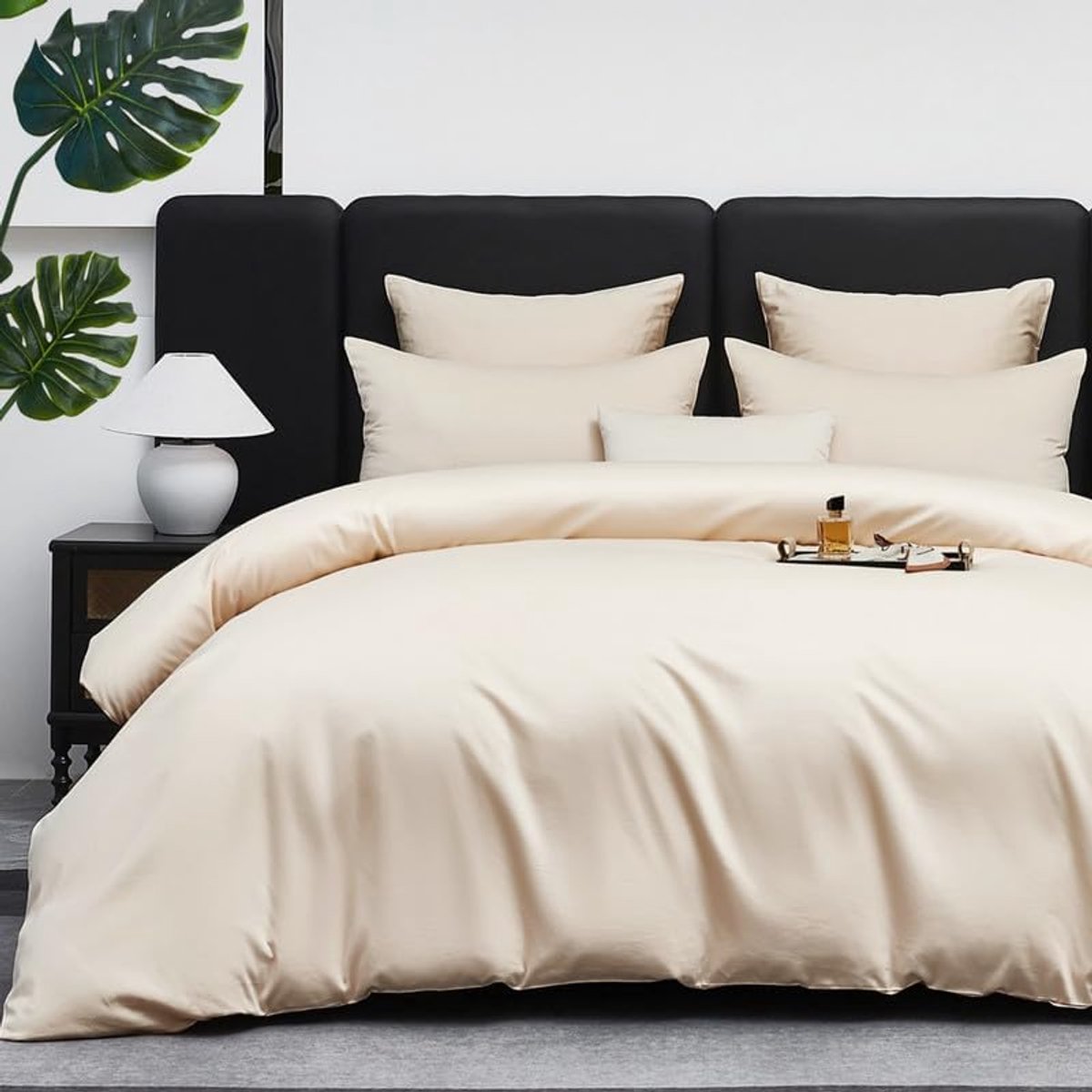Beddengoed, 200 x 220 cm, mako-satijn, katoensatijn, beddengoedset, beige, 100% katoen, 3-delig, katoen, ademend, zacht, fijn dekbedovertrek 200 x 220 cm en kussensloop 80 x 80 cm, met