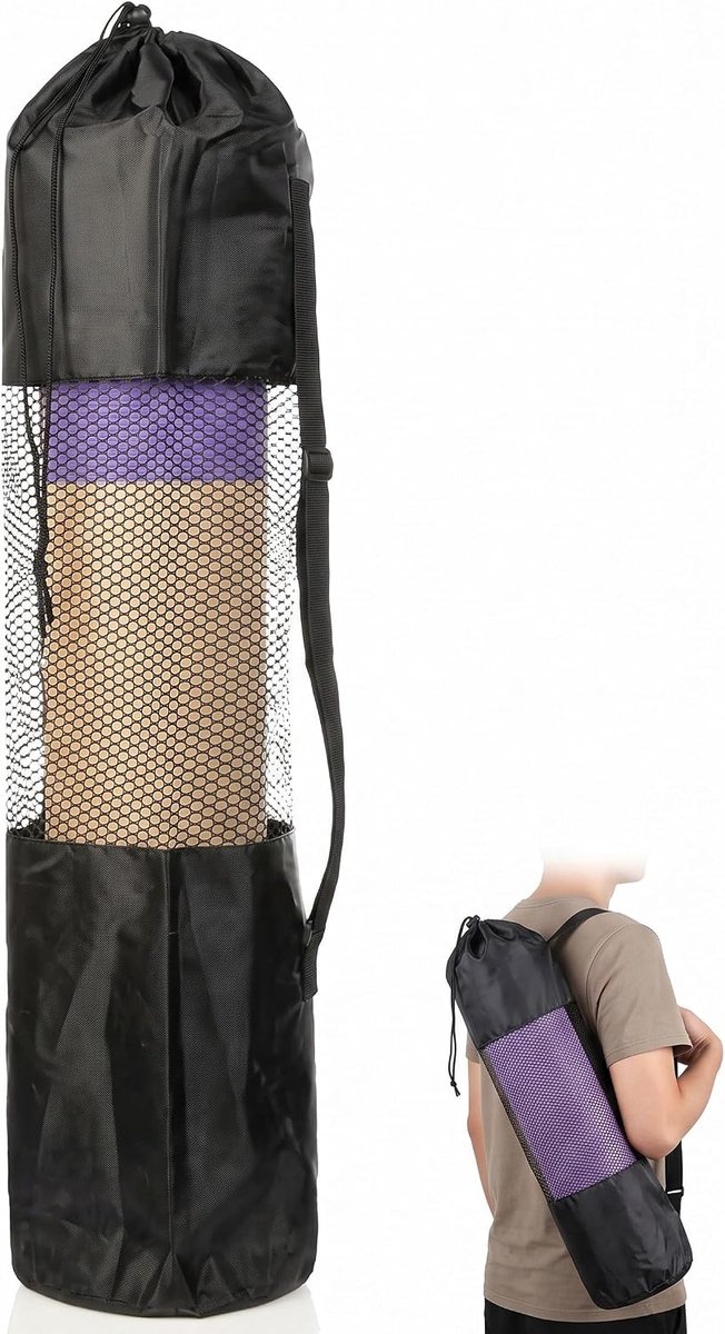 Yogamathouder en yogatas van net, 90 x 30 cm, 1 stuk, ademende tas met verstelbare schouderriem, geurremmende beschermhoes voor pilatesmat en yoga-accessoires