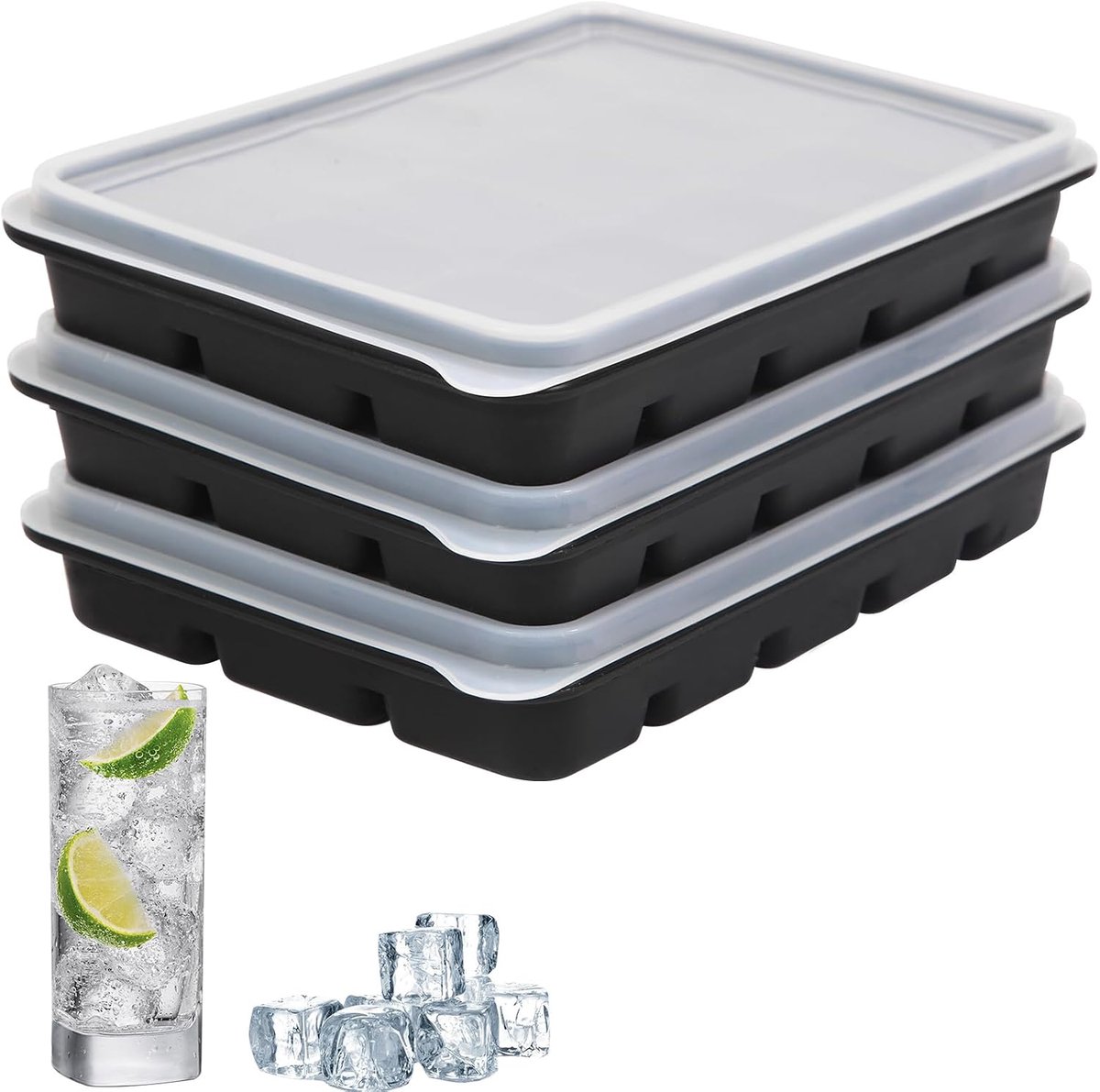 Siliconen ijsblokjesvorm met deksel, 3 stuks 45 vakken, siliconen ijsblokjesvorm, voor cocktails, whisky, wijn, fruit, fruitpuree, ijsthee (zwart*3))