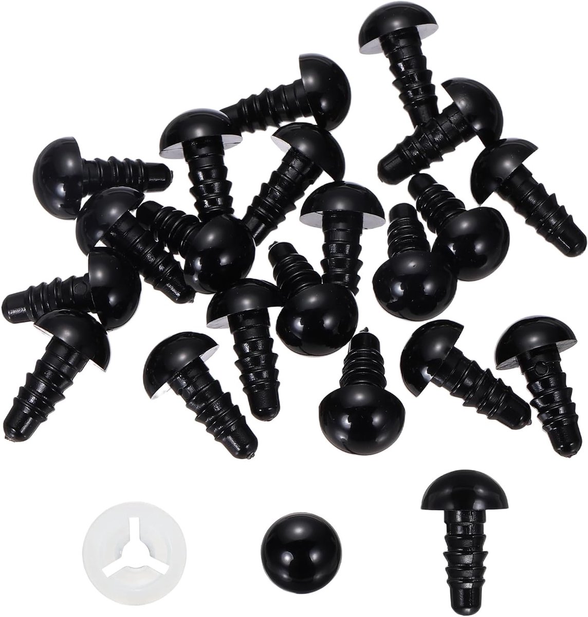 Ogen 10 mm, 30 stuks kunststof ogen voor knutselwerk, met beschermfolie en sluitringen voor pluche dieren, haakspeelgoed, poppen, knutselen, zwart