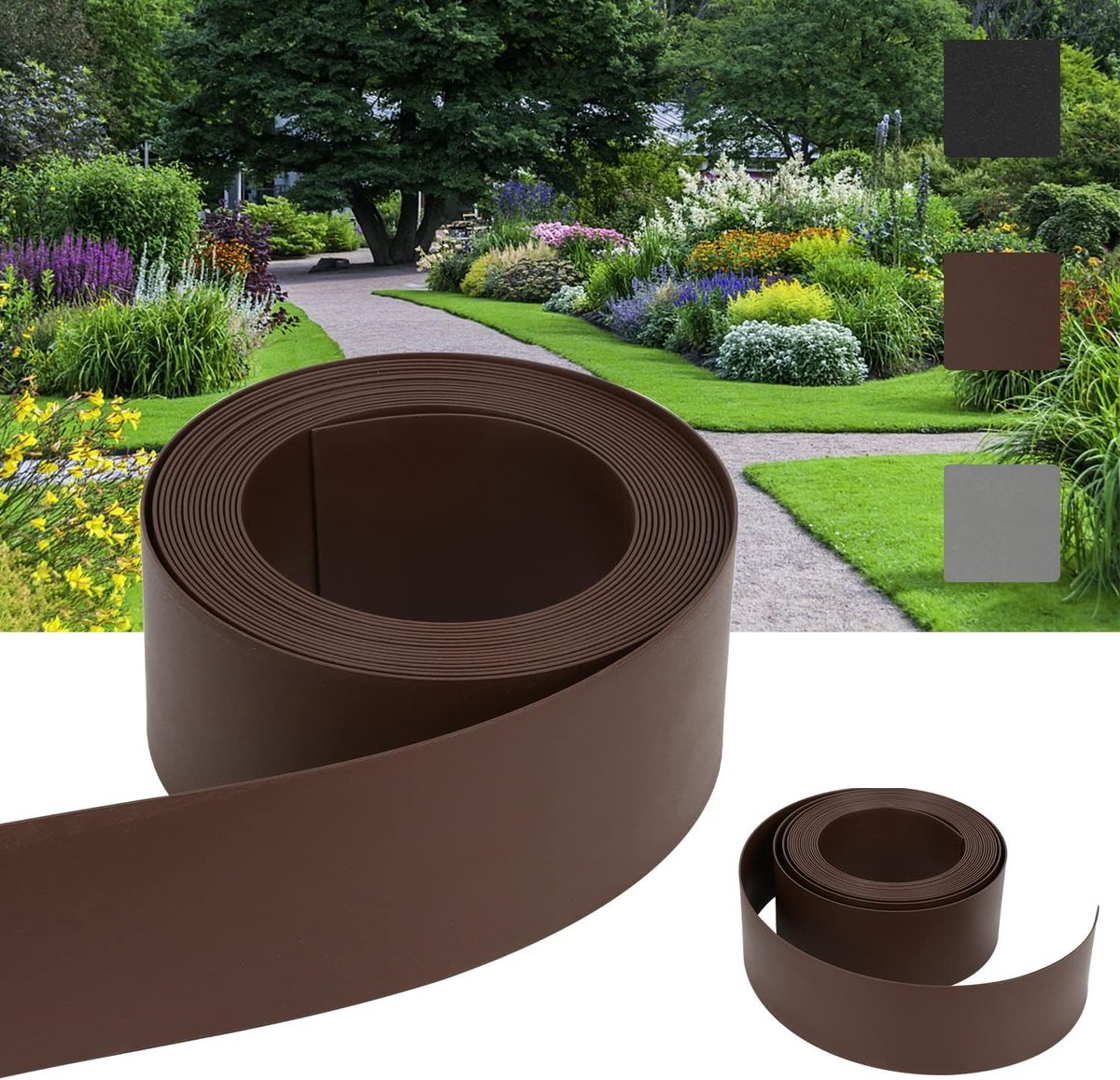 Kunststof, gemakkelijk te verwerken, gazonrandband van stevig plastic, uv- en weerbestendig, maairand voor bloembedden, gazonrand, onzichtbaar 25 m x 10 cm (l x h), bruin