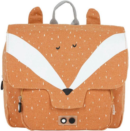 Oranje rugzak met vosgezichtprint. Witte snuit, zwarte neus en gesloten ogen. Witte spikkels.