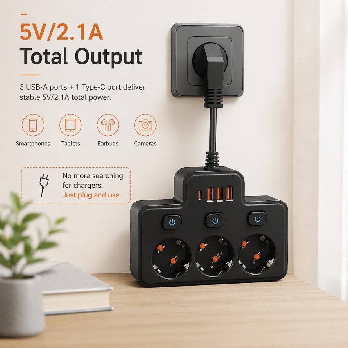 Stekkerdoos met USB - Zwart - 2,7 cm - Meervoudige Stekkerdoos met 3 USB & 1 Type-C - Voor Thuis en Kantoor