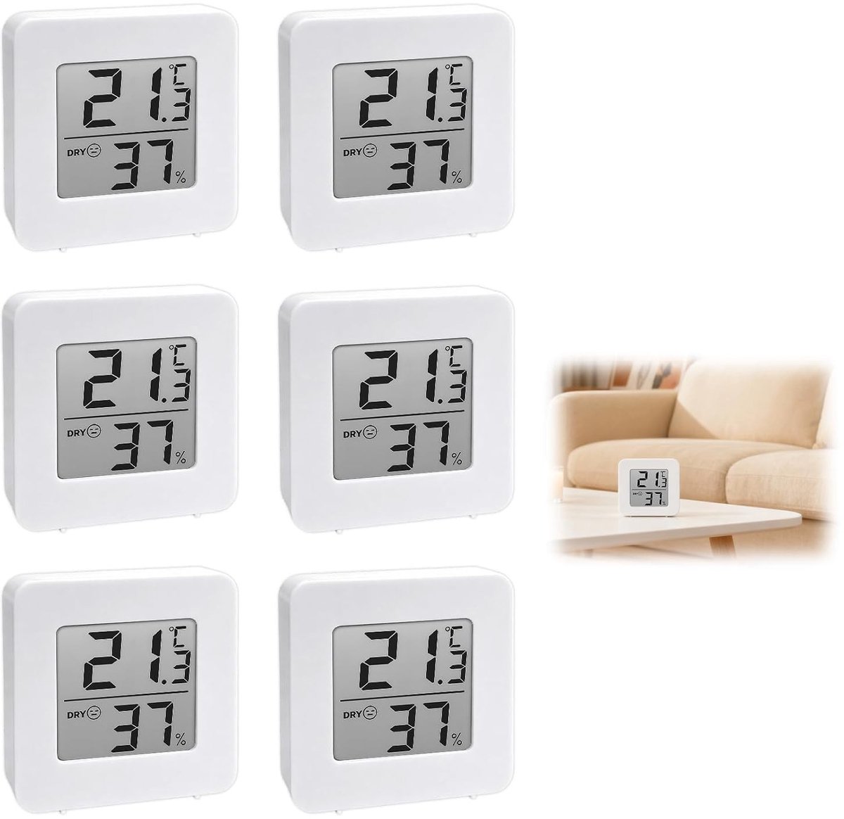 Digitale Thermometer en Hygrometer - Wit - 4,3 x 4,3 x 1,3 cm - Mini LCD voor Wandmontage - Voor Thuis, Kantoor en Slaapkamer