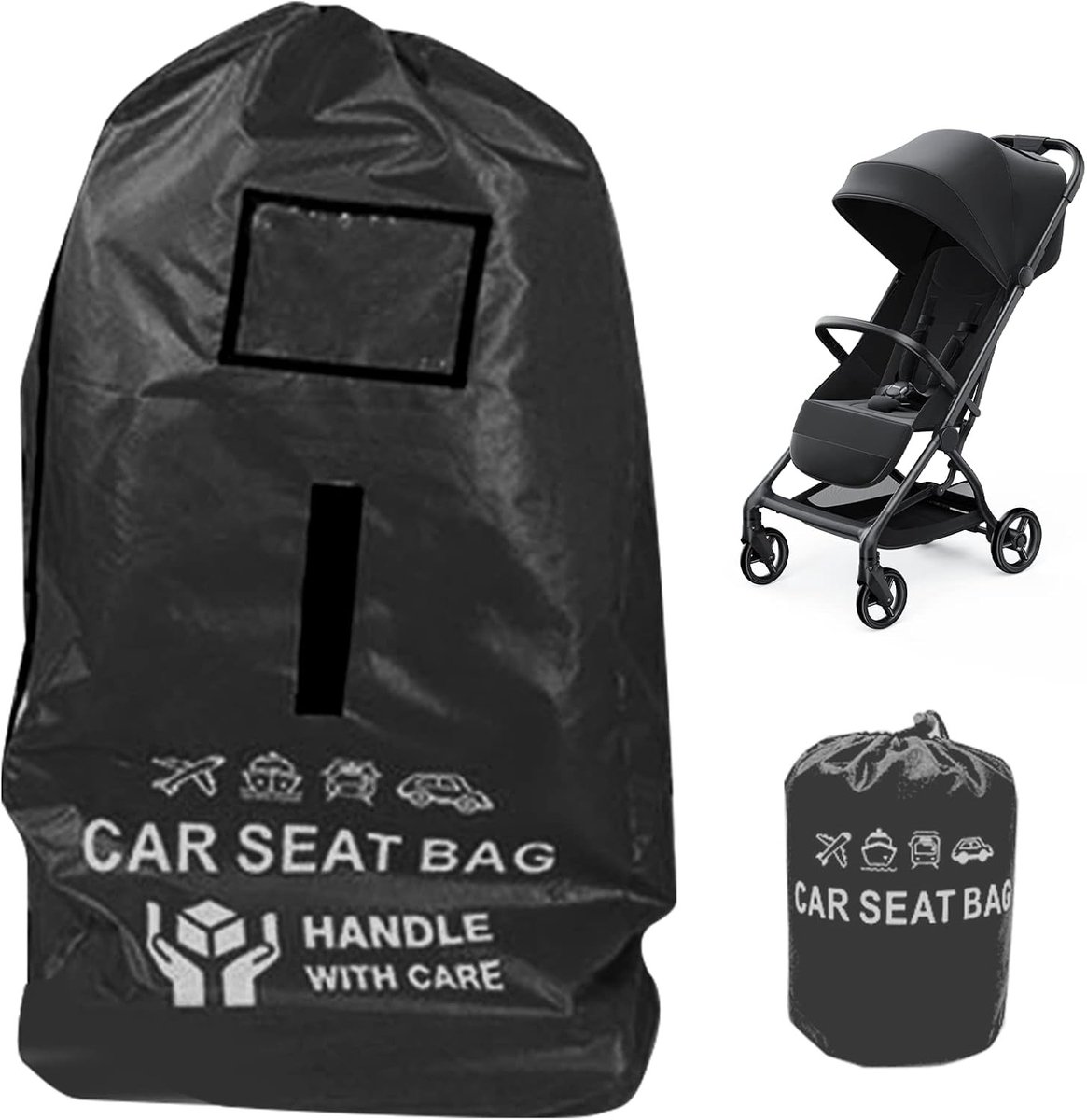 Universele Transporttas voor Kinderwagen en Autostoel - Opvouwbare Draagtas, Ruime Opbergtas voor Kinderwagens, Rolstoelen en Meer, Waterafstotend Zwart