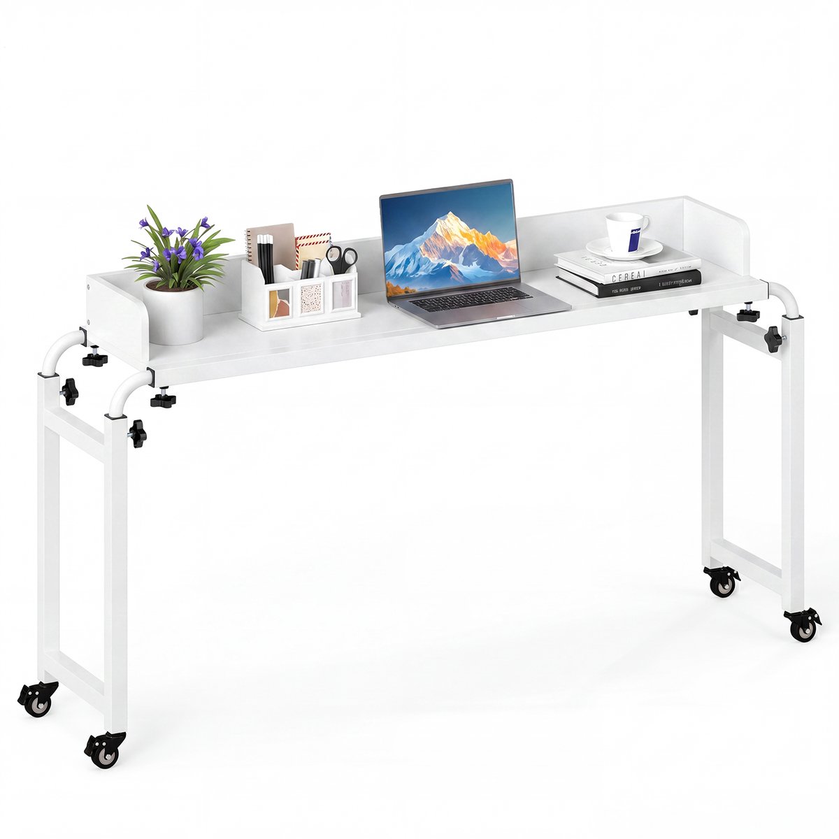 COSTWAY Zijtafel met wielen, bedtafel met verstelbare hoogte en lengte, verpleegtafel met geluidswand, bureau boven het bed, computertafel, laptoptafel voor slaapkamer (wit)