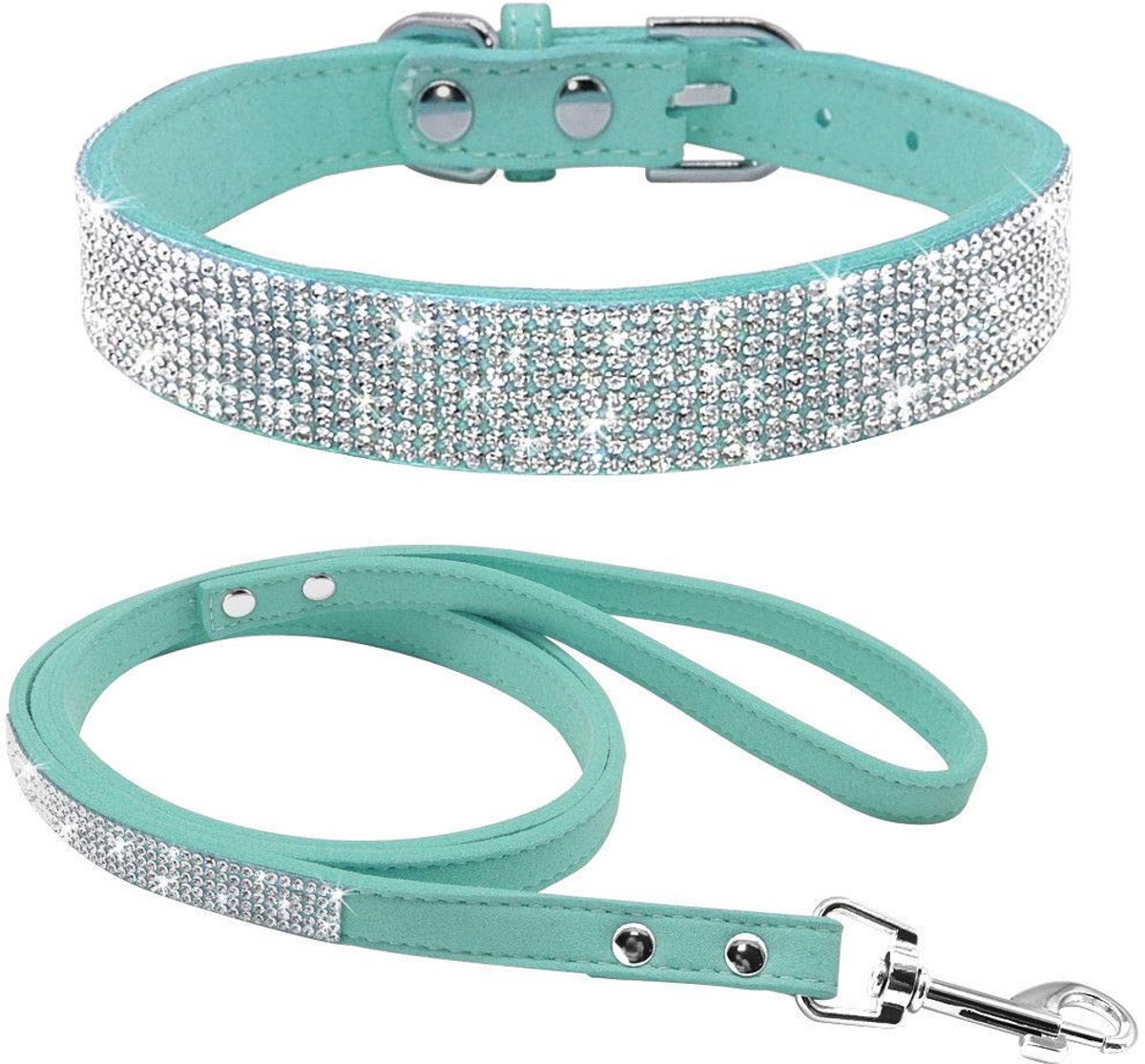 SolidKeus - Bling Rhinestone Halsband en Lijn Set voor Honden (M, Blauw)
