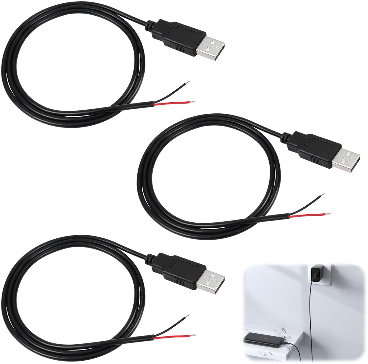 SolidKeus - 3 Stuks 2m USB A naar 2 Pool Open Eind Stroomkabel