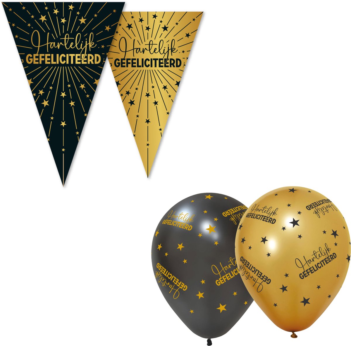 Black & Golden Celebrations Feestpakket XL - ' Hartelijk gefeliciteerd! ' - Versiering Set met 3x Vlaggenlijn en 6x Ballonnen - Zwart & Goud