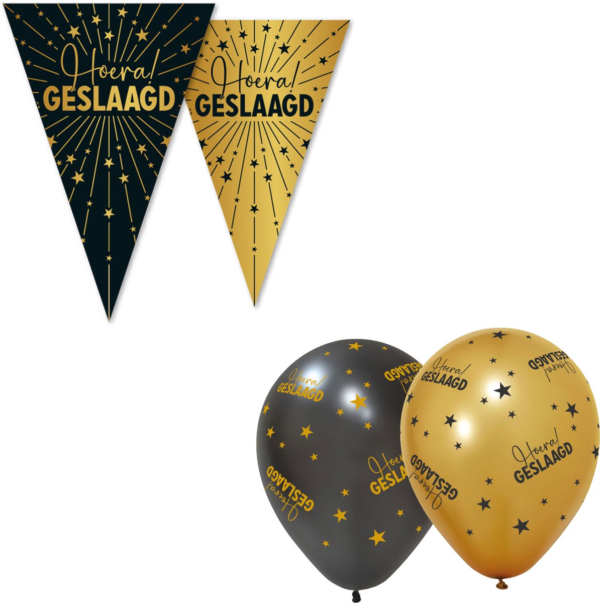 Black & Golden Celebrations Feestpakket XL - ' Hoera! Geslaagd ' - Versiering Set met 3x Vlaggenlijn en 6x Ballonnen - Zwart & Goud