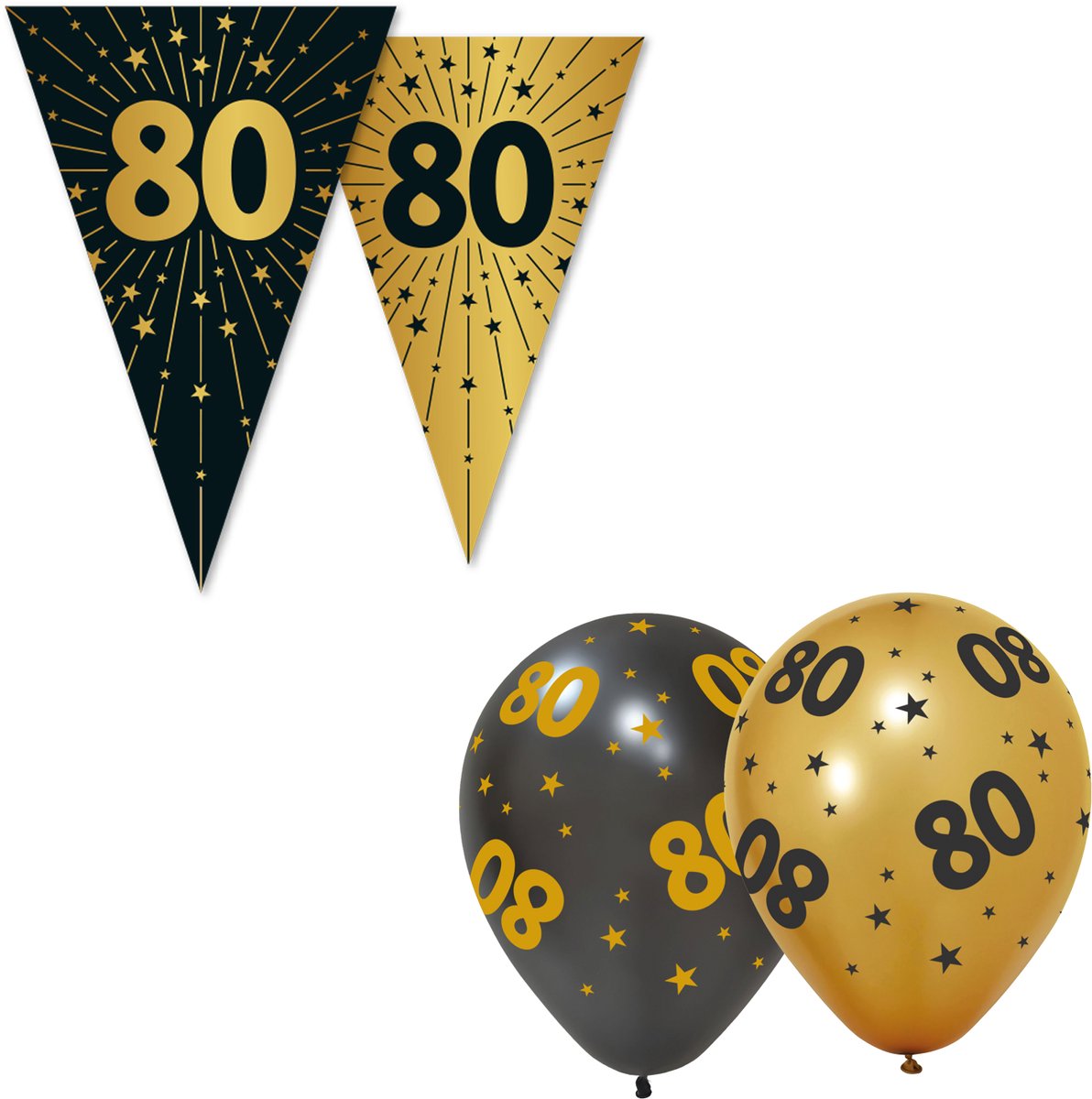 Black & Golden Celebrations Feestpakket XXL - 80 Jaar - Versiering Set met 6x Vlaggenlijn en 12x Ballonnen - Zwart & Goud
