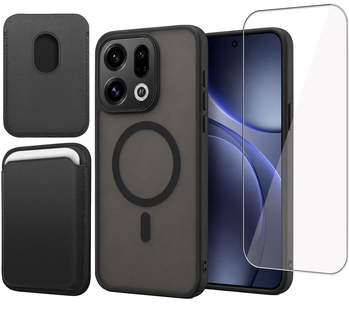 Hoesje + Pasjeshouder + Screenprotector geschikt voor OPPO Find X9 5G - Portemonnee geschikt voor MagSafe - Magnetisch - Pasjes Houder - Creditcardhouder - Zwart