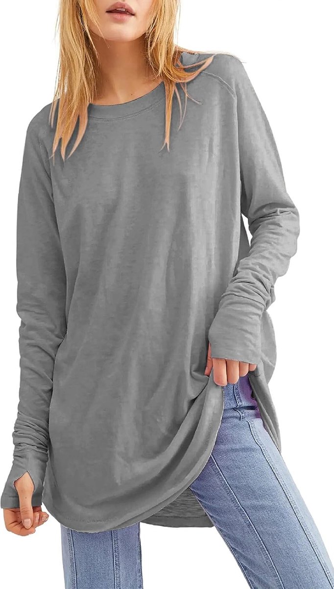 Shirt met lange mouwen vrouwen ronde hals lange mouwen shirt vrouwen lange mouwen shirt basic tuniek tops, Grijs, XXL