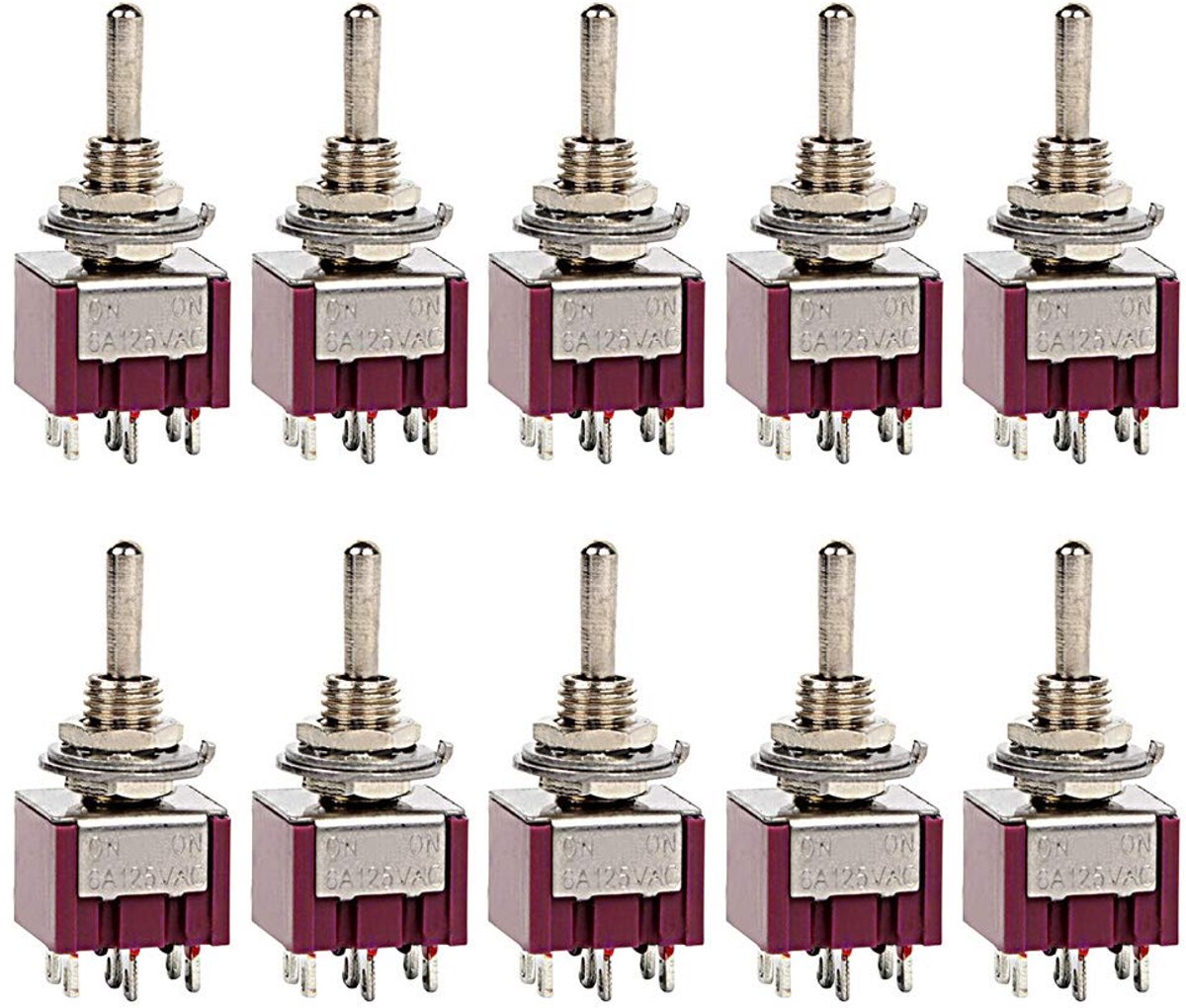 10 stuks ON-ON mini miniatuur tuimelschakelaar gitaar AC 6A/125V 3A/250V auto motor dashboard DPDT 6-pins 2-positie soldeeraansluiting