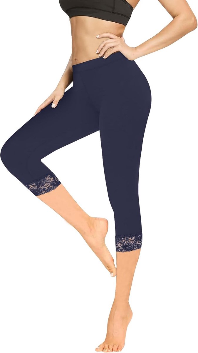 Leggings voor dames, 3/4 sportlegging van katoen, capribroek voor dames, zomer, buik, ondoorzichtig, kant, yoga, leggings, elastisch, zacht, voor sport of casual