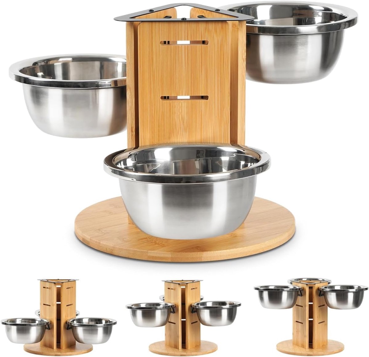 Verhoogd voor honden, 3 in hoogte verstelbare hondenbakken met 3 x 1400 ml roestvrijstalen bakken en hout, driezijdige verhoogde hondenbakstandaard, voederbak, voederstation