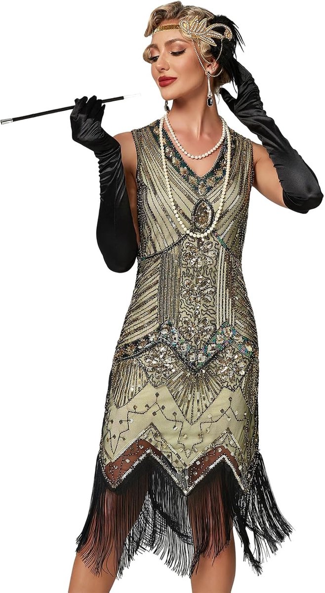 Flapperjurk, jaren 20, roaring twenties, franjes, pailletten, chique jurk, Gatsby, verkleedjurk, V-hals, vintage avondjurk met kralen