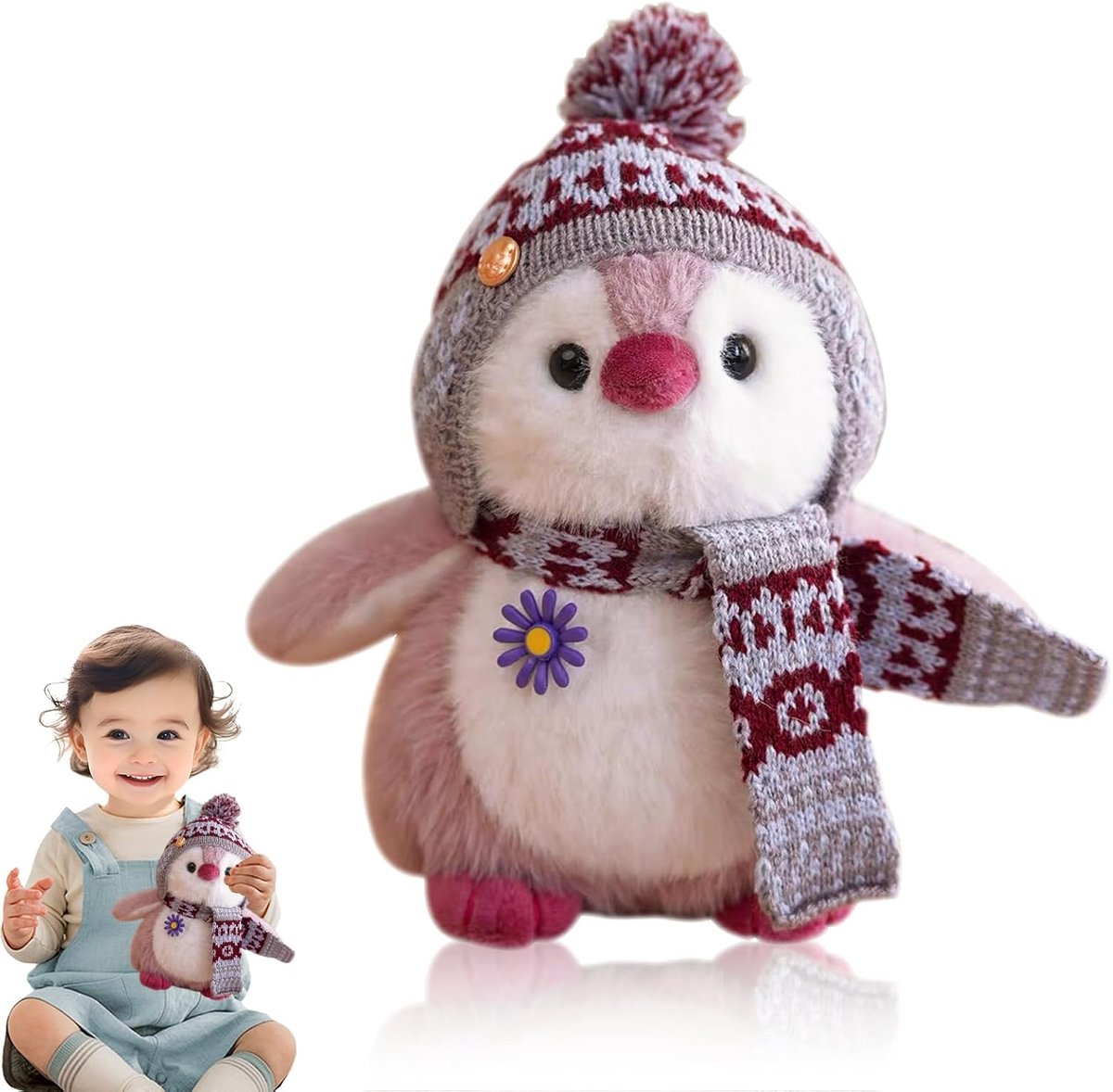 Pluche dier, pinguïnpop op bed, bedpop, pinguïnkussen, schattige pinguïnpop, 20 cm, pluche dierenpop, cadeau, geschikt voor jongens en meisjes (roze)