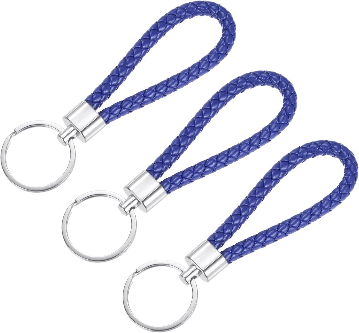 3 stuks gevlochten lederen sleutelhangers, thuis PU sleutelring geweven decoratieve omhangbanden voor tassen portemonnees (blauw), blauw, 14 cm