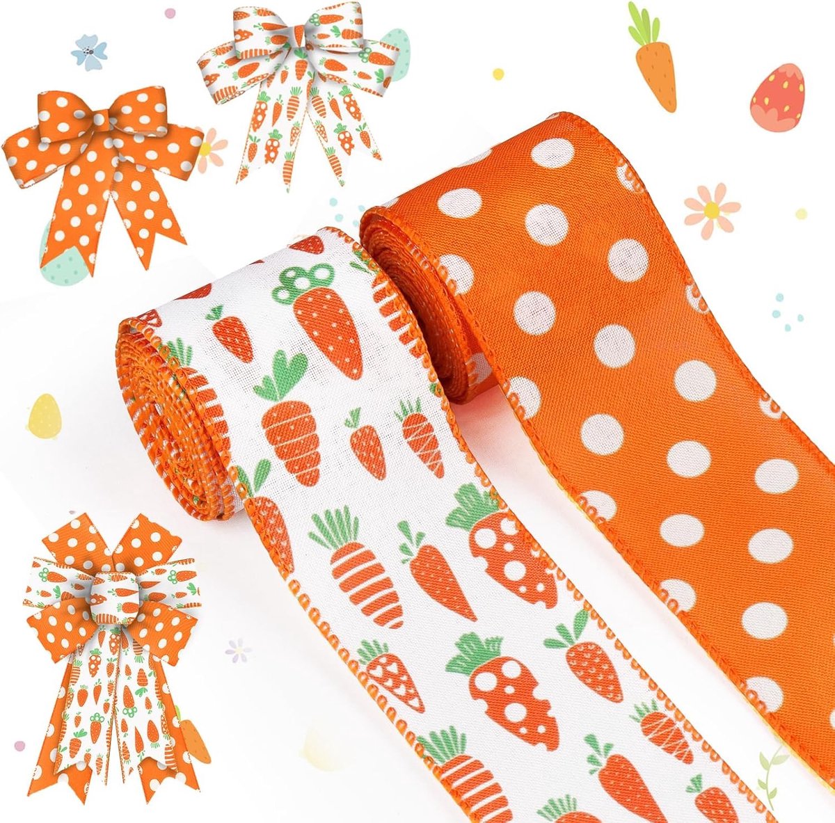 2 stuks decoratielint Pasen, 6,3 cm breed, 4,5 m lang, polyester, oranje, gestippeld, doe-het-zelf cadeau, decoratie, handwerk, feestbenodigdheden