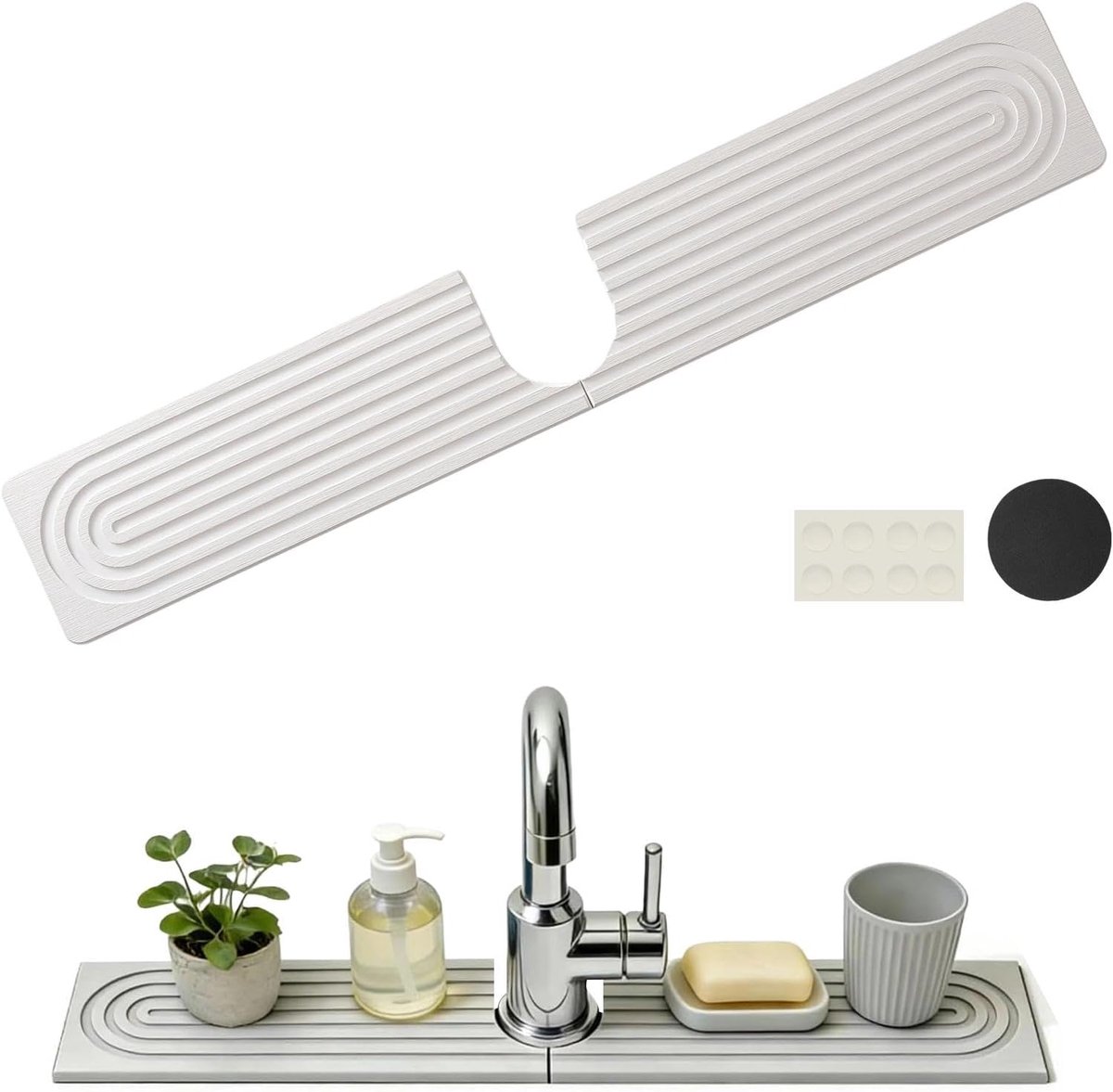 Spatbeschermingsmat 40 x 10 cm, kiezelkorrel afdruipmat steen, kraanmat voor keukengootsteen met U-vormige uitsparing, witte kraanmat, voor badkamer en keuken