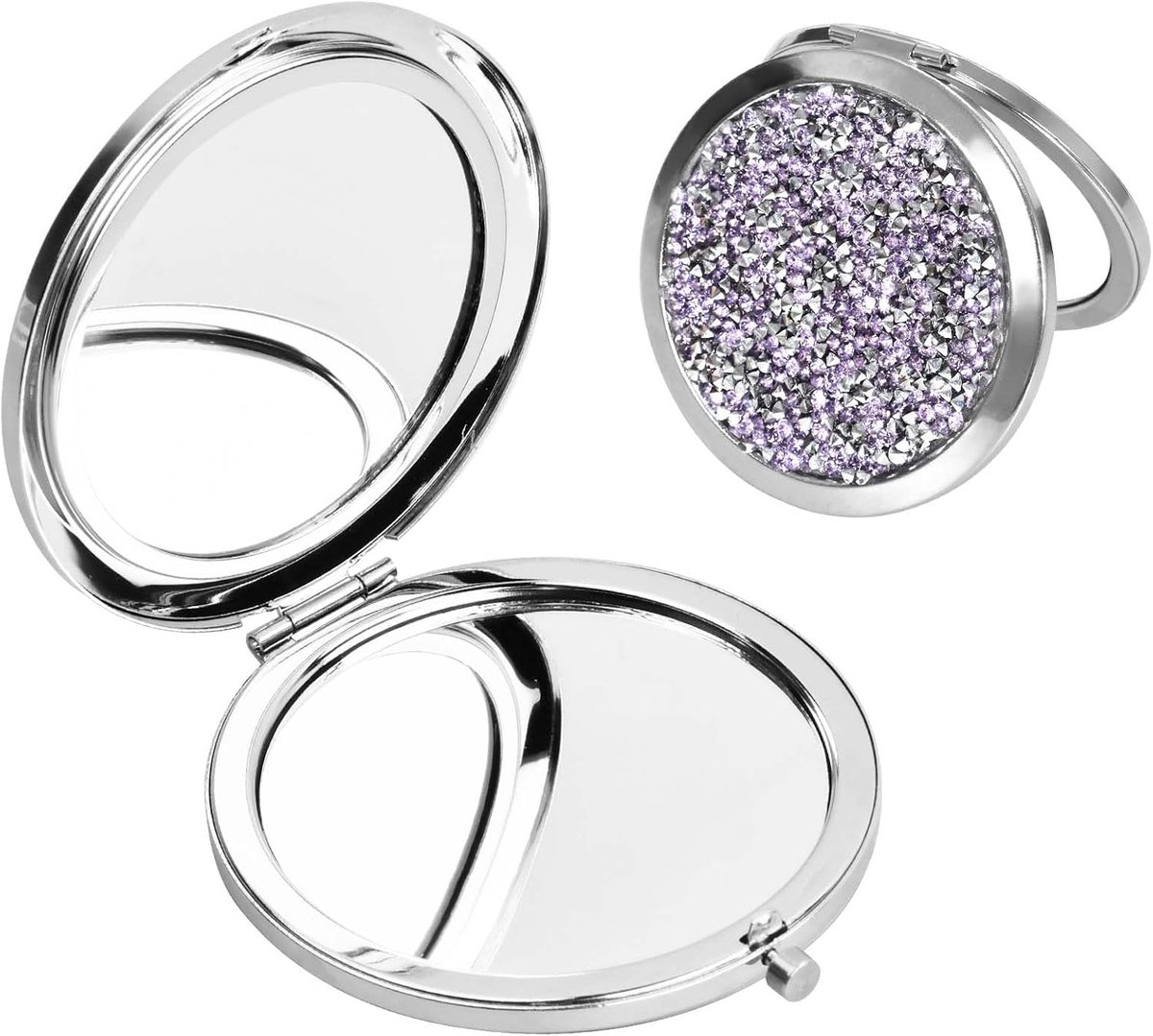 7 cm zakspiegel, draagbare zakspiegel, kleine ronde mini-make-upspiegel, 1 x / 2 x, compacte make-upspiegel, opvouwbaar en dubbelzijdig voor vrouwen en meisjes, lichtpaarse diamant