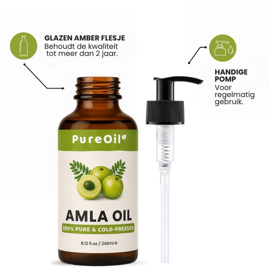 Bruine fles met pompdosering, label met Amla-vruchten en tekst "Amla Oil".