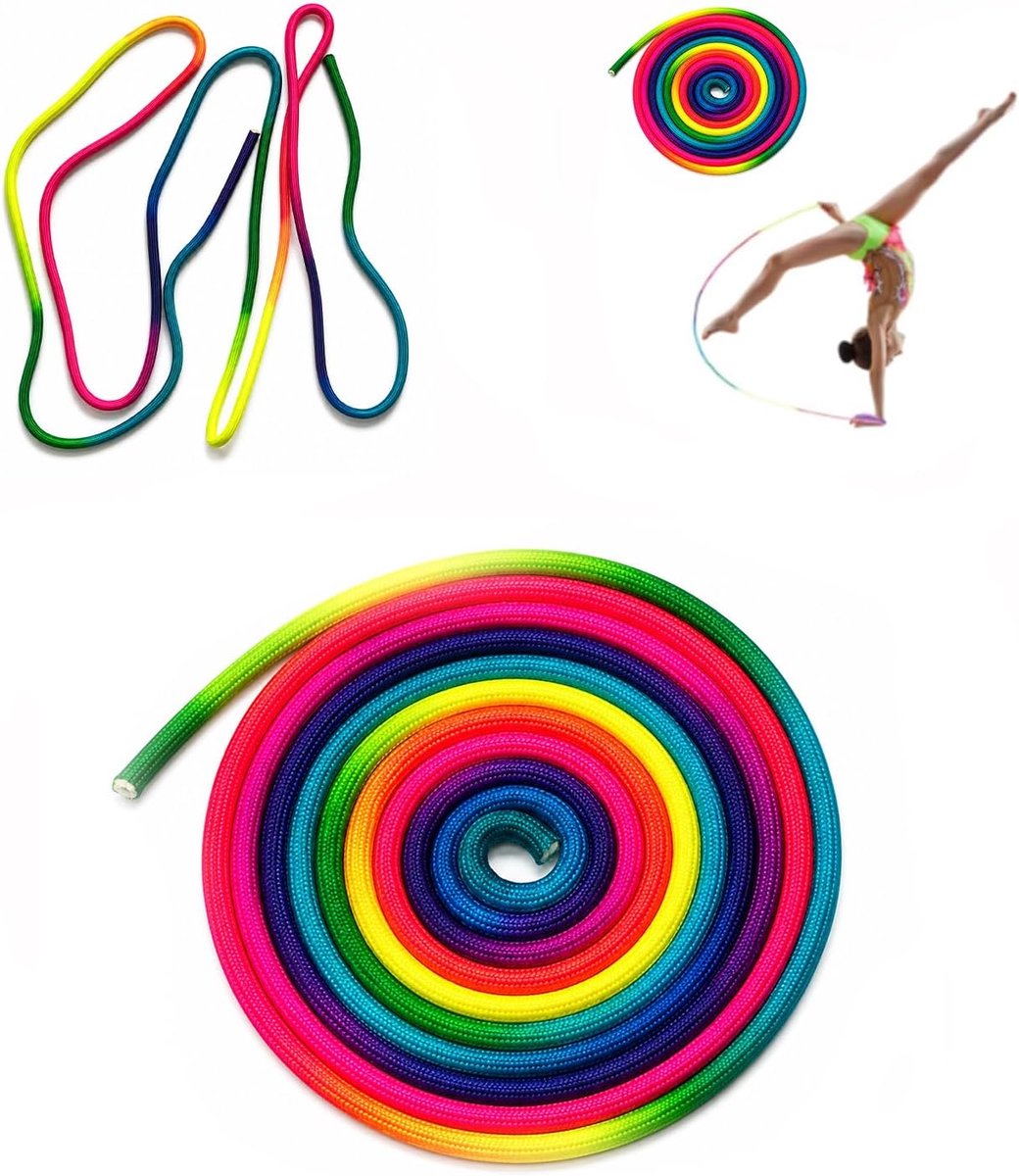 Springtouw, 3 m, regenboog, nylon, gymnastiektouw, zonder handvat, springtouw, ritmische sportgymnastiek, herbruikbaar sporttouw, voor fitness, aerobic, ritmische sporttraining