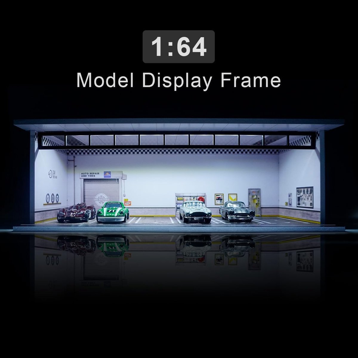 1/64 Diorama Auto Garage - Model met LED-verlichting & Acrylafdekking – Parkeerplaats Scène Displaycase voor Diecast-modelauto’s – Ideaal voor verzamelaars en als cadeau (Zwart-Witte muur)