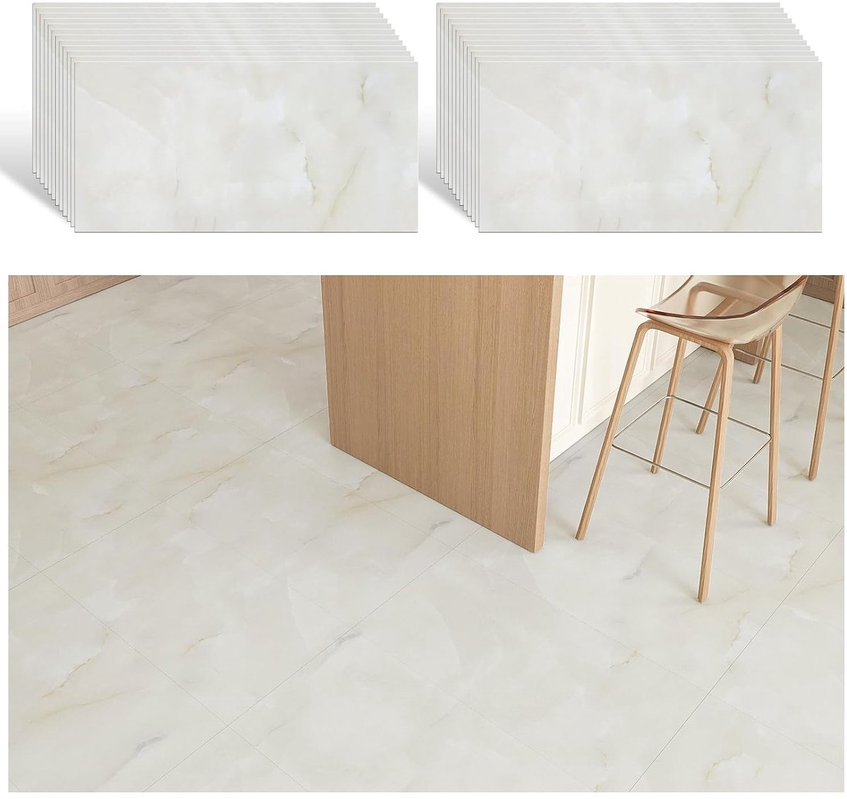 Tegelstickers marmer beige PVC vloerbedekking zelfklevende vloertegels slaapkamer vinyl tegellok plaktegels woonkamer 1,5 mm 60 cm x 30 cm 24 stuks