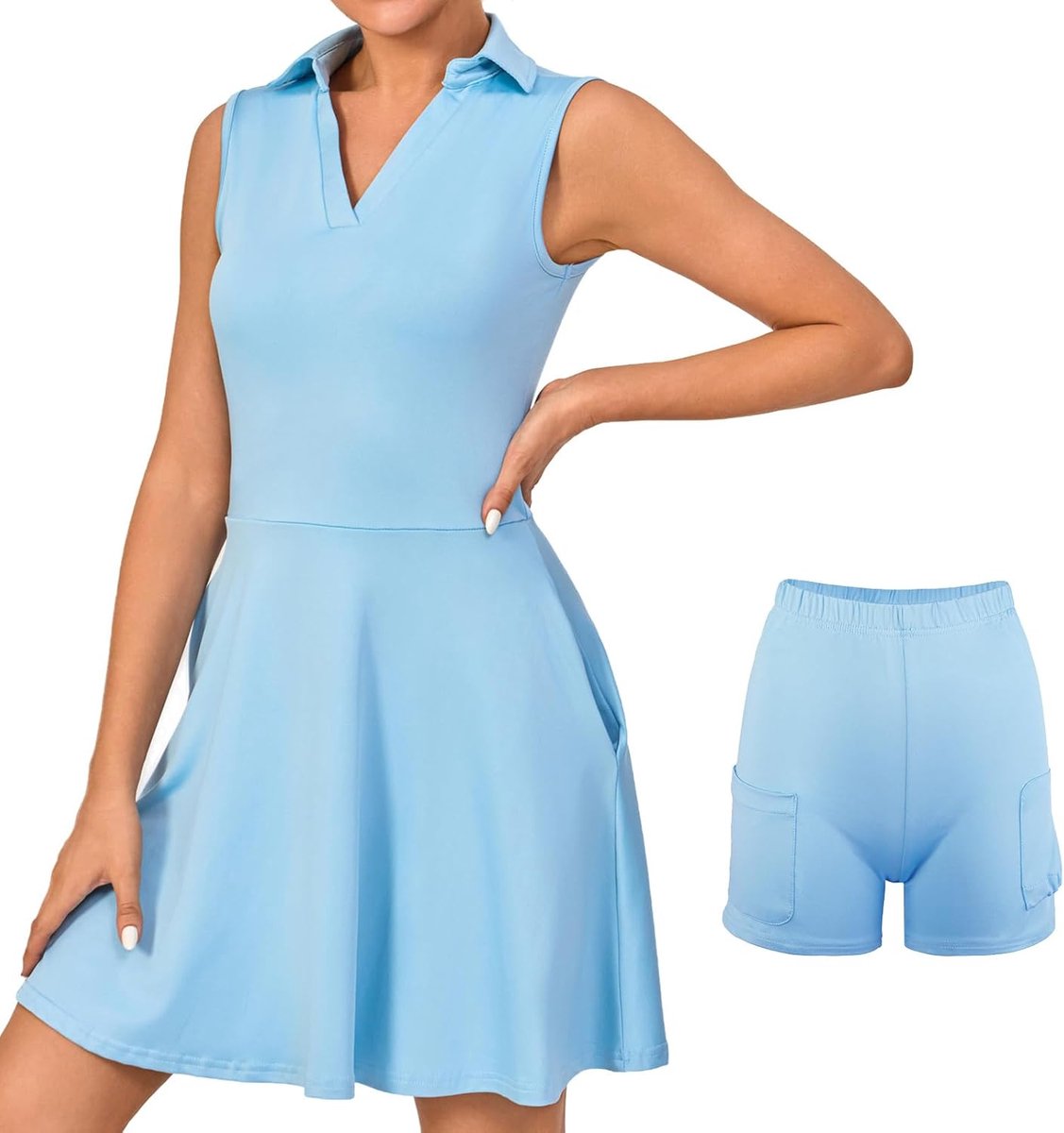 Tennisjurk voor dames, met broek, sportjurk, mouwloos, golfjurk met zakken, tennis-outfit