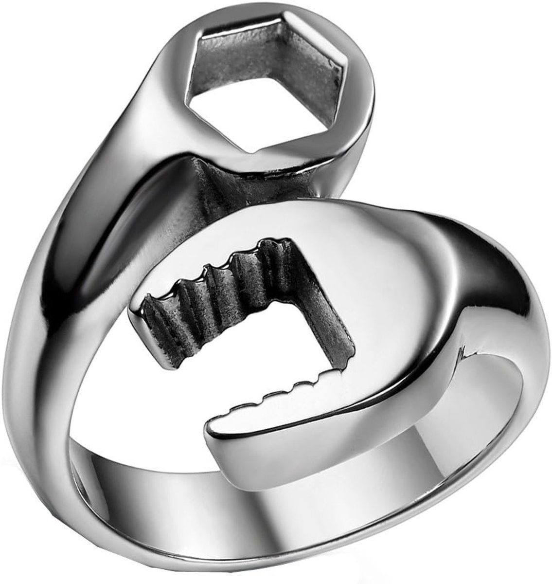 Herenring, zegelring, bandring, duimring, roestvrij stalen ring, monteur, moersleutel, zilver, goud, zwart, kleur biker, motorrijder, herenaccessoires, geen gegevens