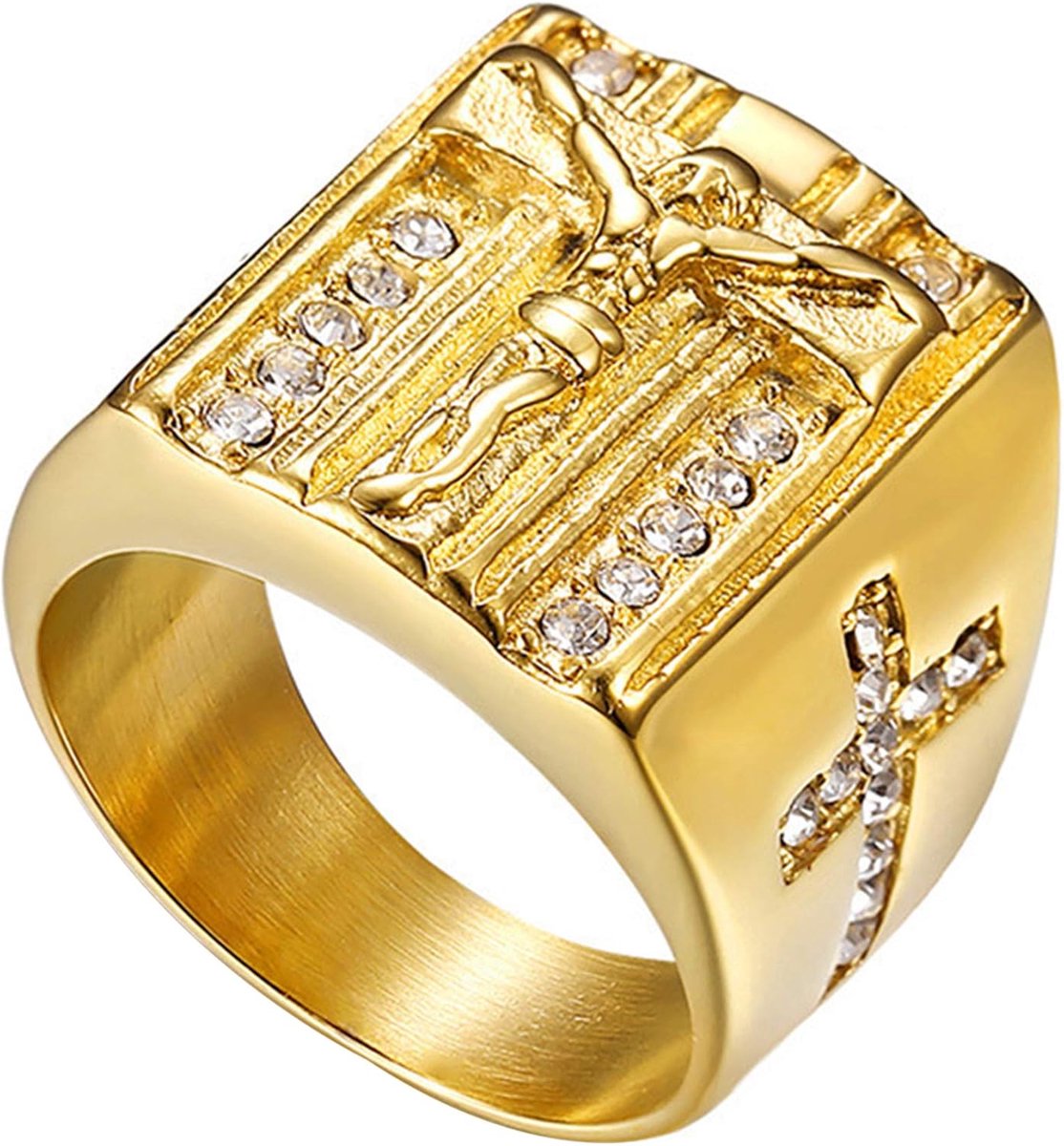 Herenring, rozenkransring, herenring, duimring van roestvrij staal, bandring, zegelring, gouden kruis, crucifix, Jezus, herenaccessoires, Roestvrij staal