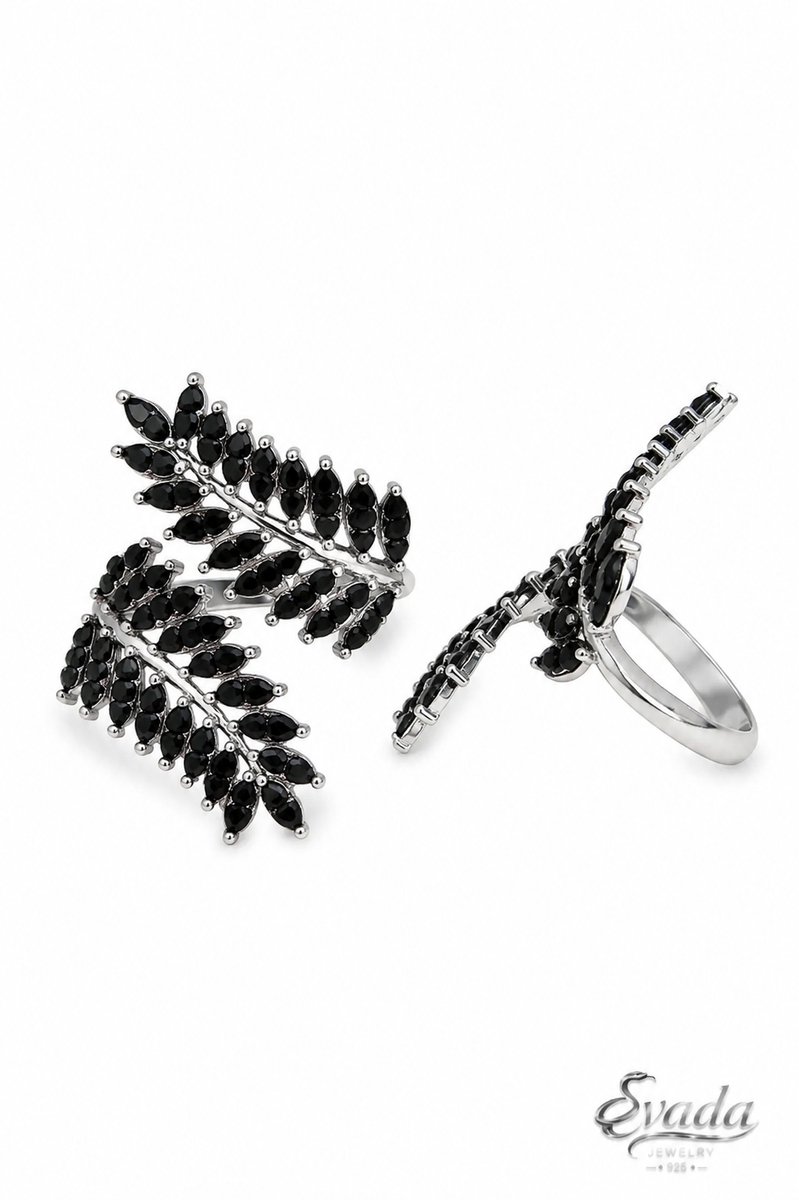 925 Sterling Zilver Ring met Zwarte Stenen – Blad Design – Verstelbare Statement Ring – Vintage Damesring – EVADA