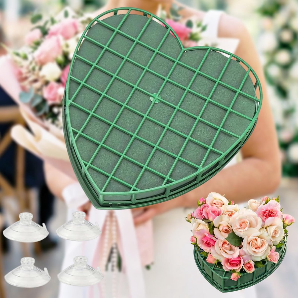 SnelShoppen - 20 cm Foam Hart met Zuignap voor Bloemen | Nat Bloemschuim met Gaas voor Doe-Het-Zelf Bloemstukken Feesten Evenementen Bruiloften & Verj