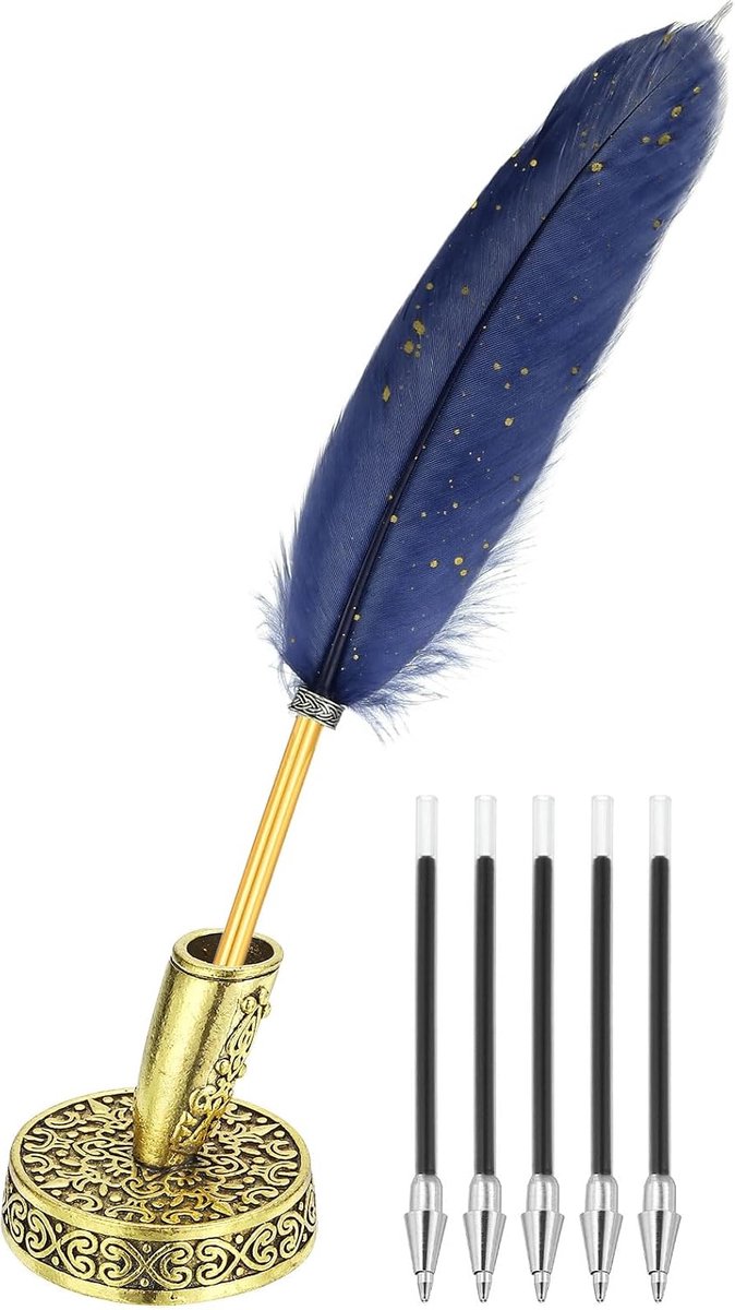 Balpennen bulk, metalen houder zwarte inkt vintage quill schrijfpennen met 5 stuks navulling voor kantoor bruiloft handtekening, blauw