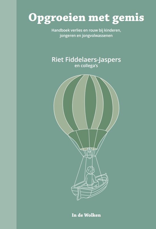 Boekkaft met de titel 'Opgroeien met gemis'. Een illustratie van een luchtballon met een mandje met een persoon erin.