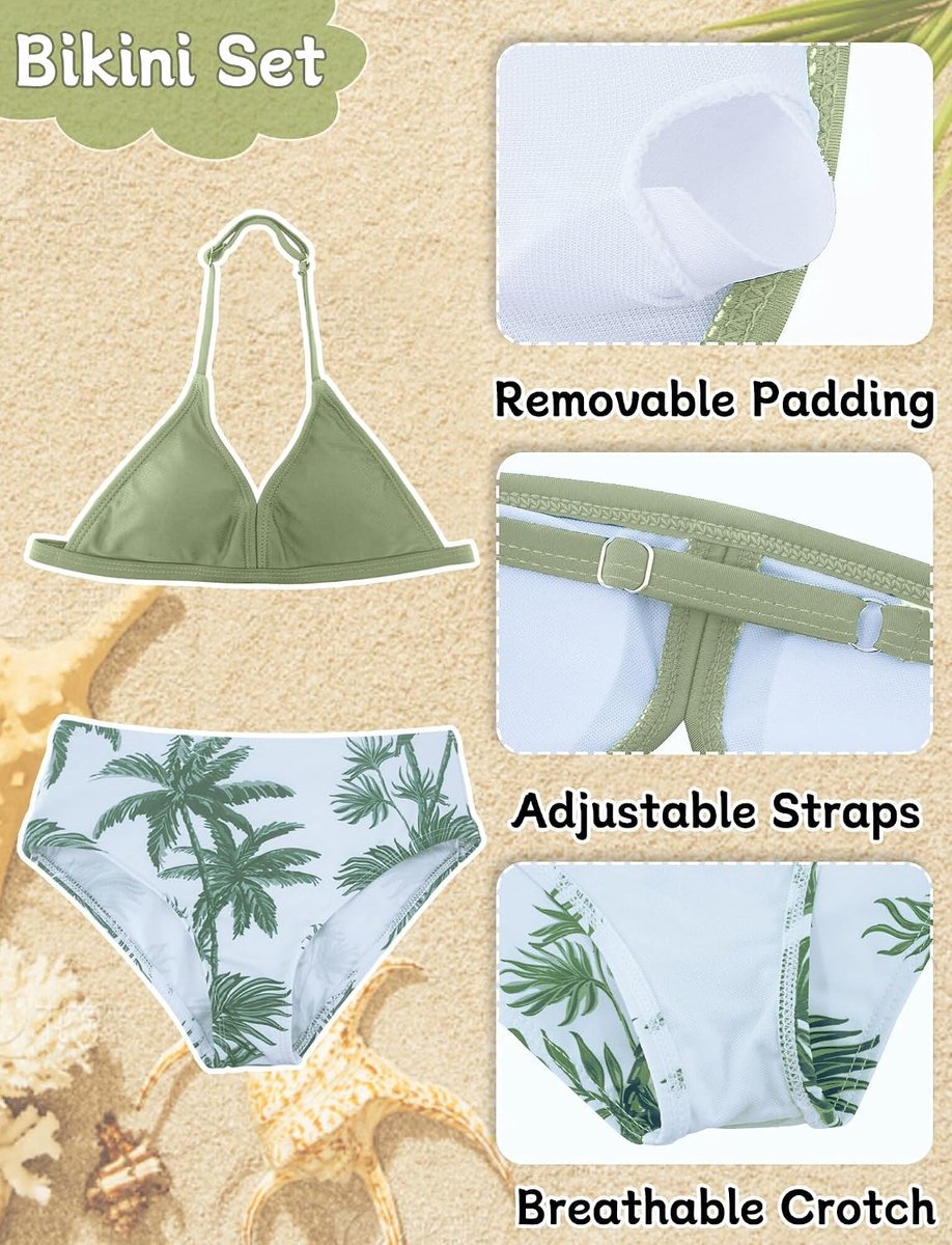 Meisjesbikini, 4-delig badpak met cover-up top, broek, Hawaï, badmode, zomer, strand, badkleding, zwempak voor 8-12 jaar, 130-160